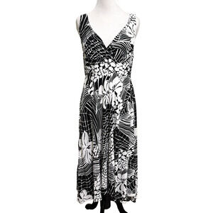 Jams World Womens Hawaiian Midi Dress L Black White Floral Babydoll Beach Resort